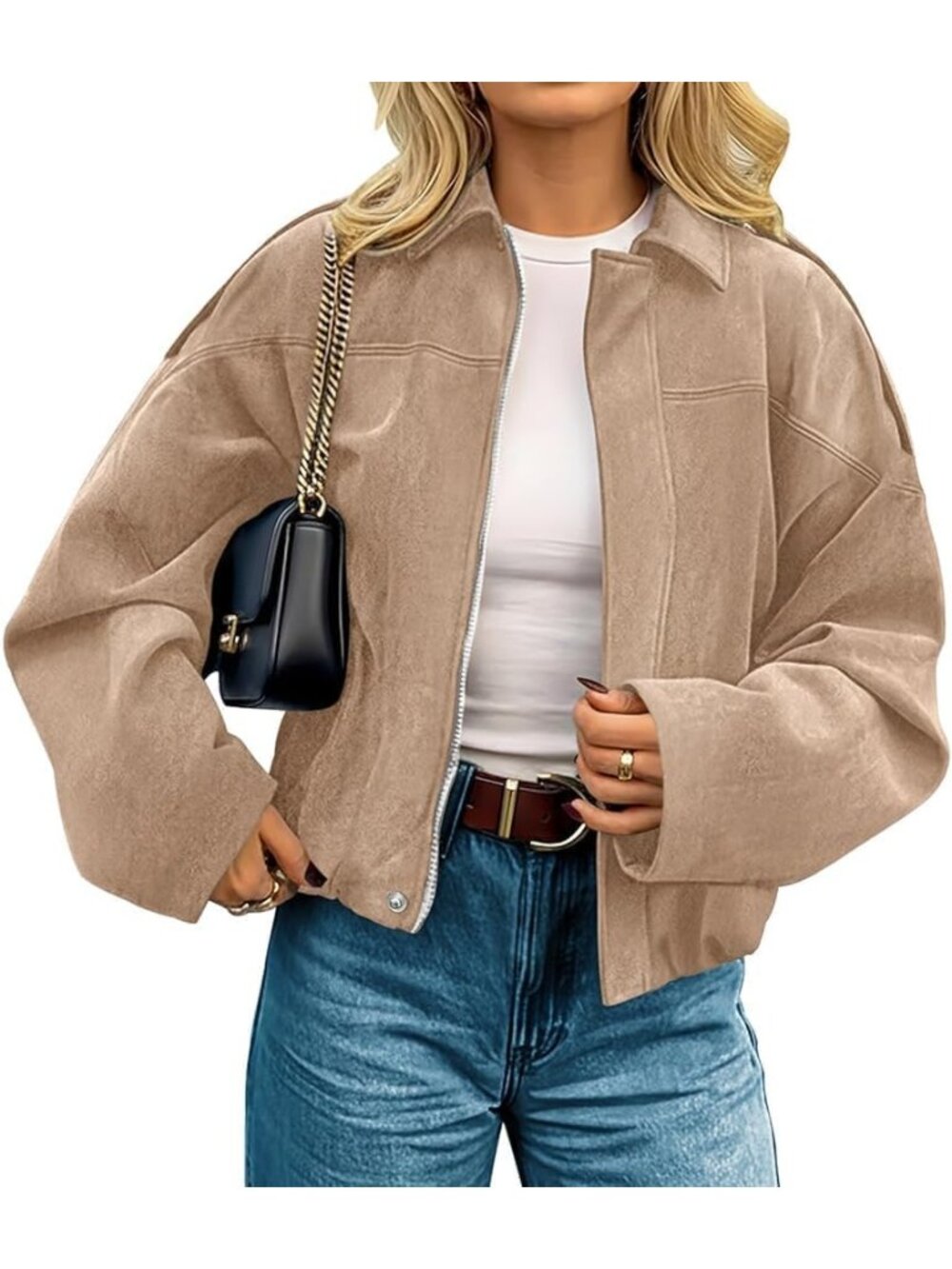 Women’s Khaki Faux Suede Cropped Open Front Lapel Pocket Coat Bomber Jacket
